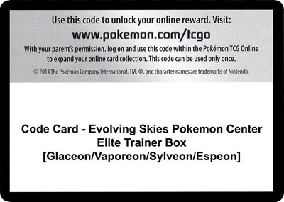 Code Card - Evolving Skies Pokemon Center Elite Trainer Box [Glaceon/Vaporeon/Sylveon/Espeon]