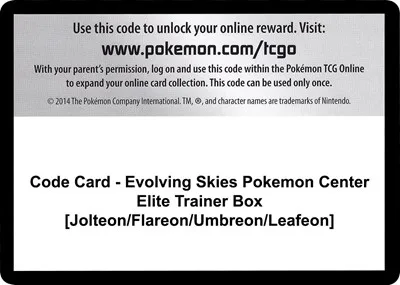 Code Card - Evolving Skies Pokemon Center Elite Trainer Box [Jolteon/Flareon/Umbreon/Leafeon]