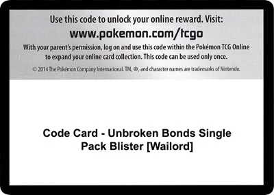 Code Card - Unbroken Bonds Single Pack Blister [Wailord]