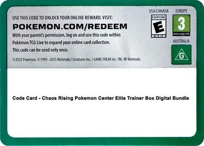 Code Card - Chaos Rising Pokemon Center Elite Trainer Box Digital Bundle